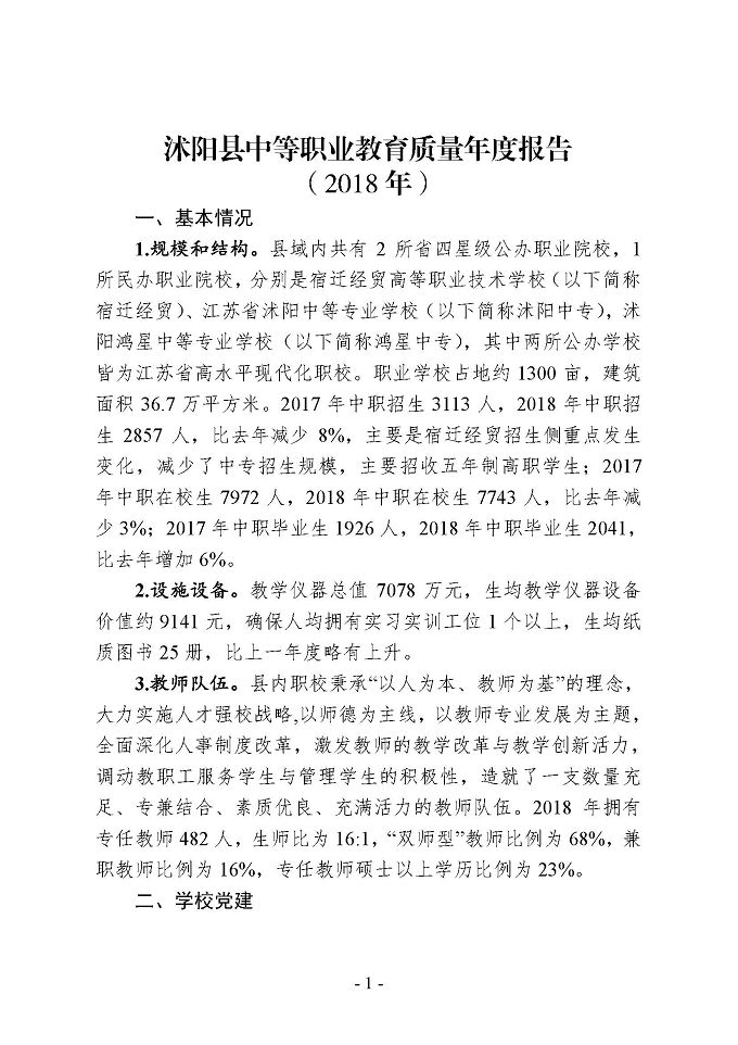 沭阳县中等职业教育质量年度报告 （2018年）