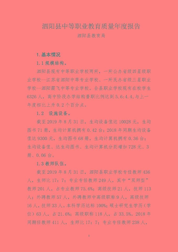 泗阳县中等职业教育质量年度报告（2019年）