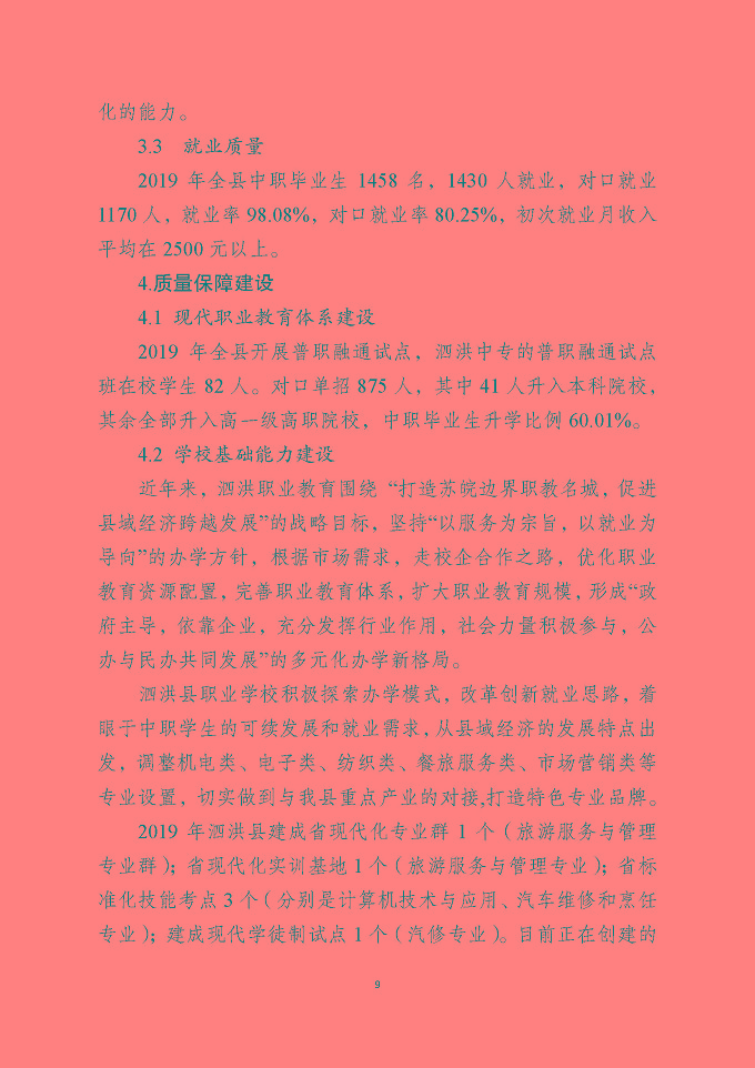泗洪县中等职业教育质量年度报告（2019年）