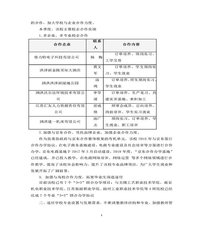 江苏省泗洪中等专业学校质量年度报告（2019年）