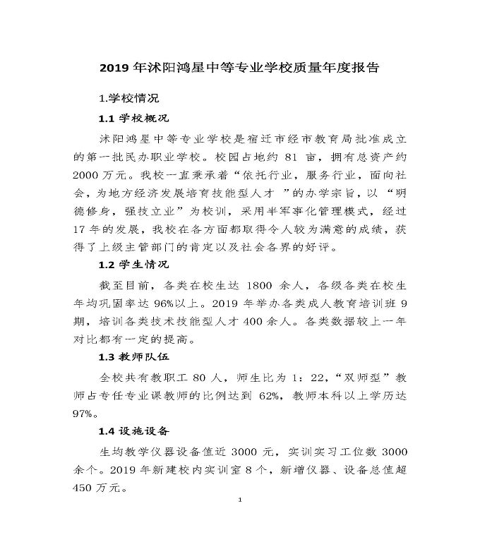 沭阳县鸿星中等专业学校质量年度报告（2019年）