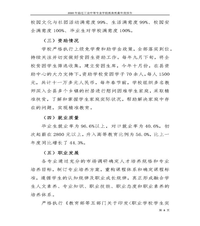 宿迁工业中等专业学校中等职业教育质量年度报告（2020）