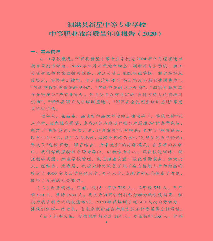 泗洪县新星中等专业学校中等职业教育质量年度报告（2020）