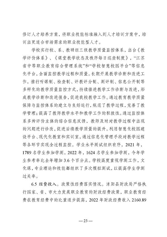 江苏省沭阳中等专业学校教育中等职业教育质量年度报告（2023）