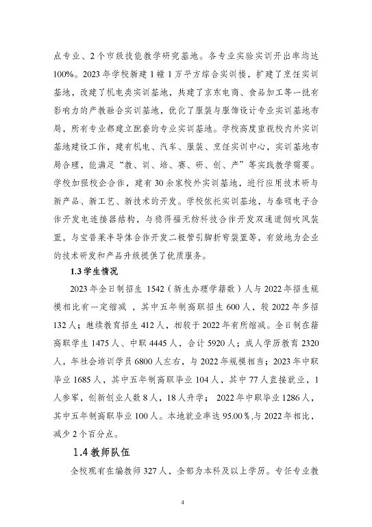 江苏省泗阳中等专业学校质量报告（2023年度）