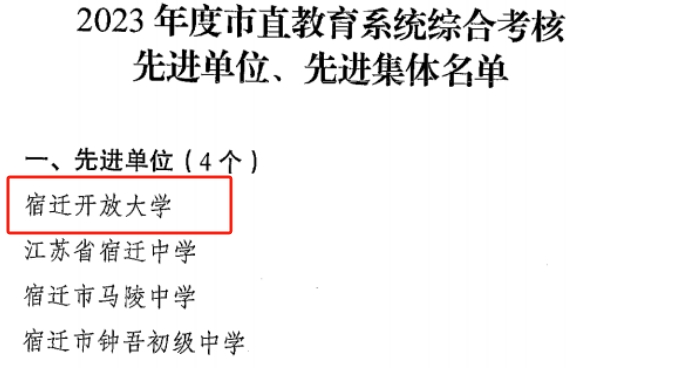 喜讯！宿迁开放大学再次荣获全市职业院校办学实绩考评一等奖