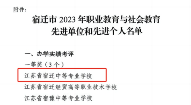 喜讯！宿迁开放大学再次荣获全市职业院校办学实绩考评一等奖